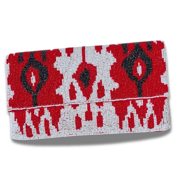 Red Black Ikat Beaded Clutch Crossbody Chain Bag Boho Handbag NEW - Picture 4 of 4